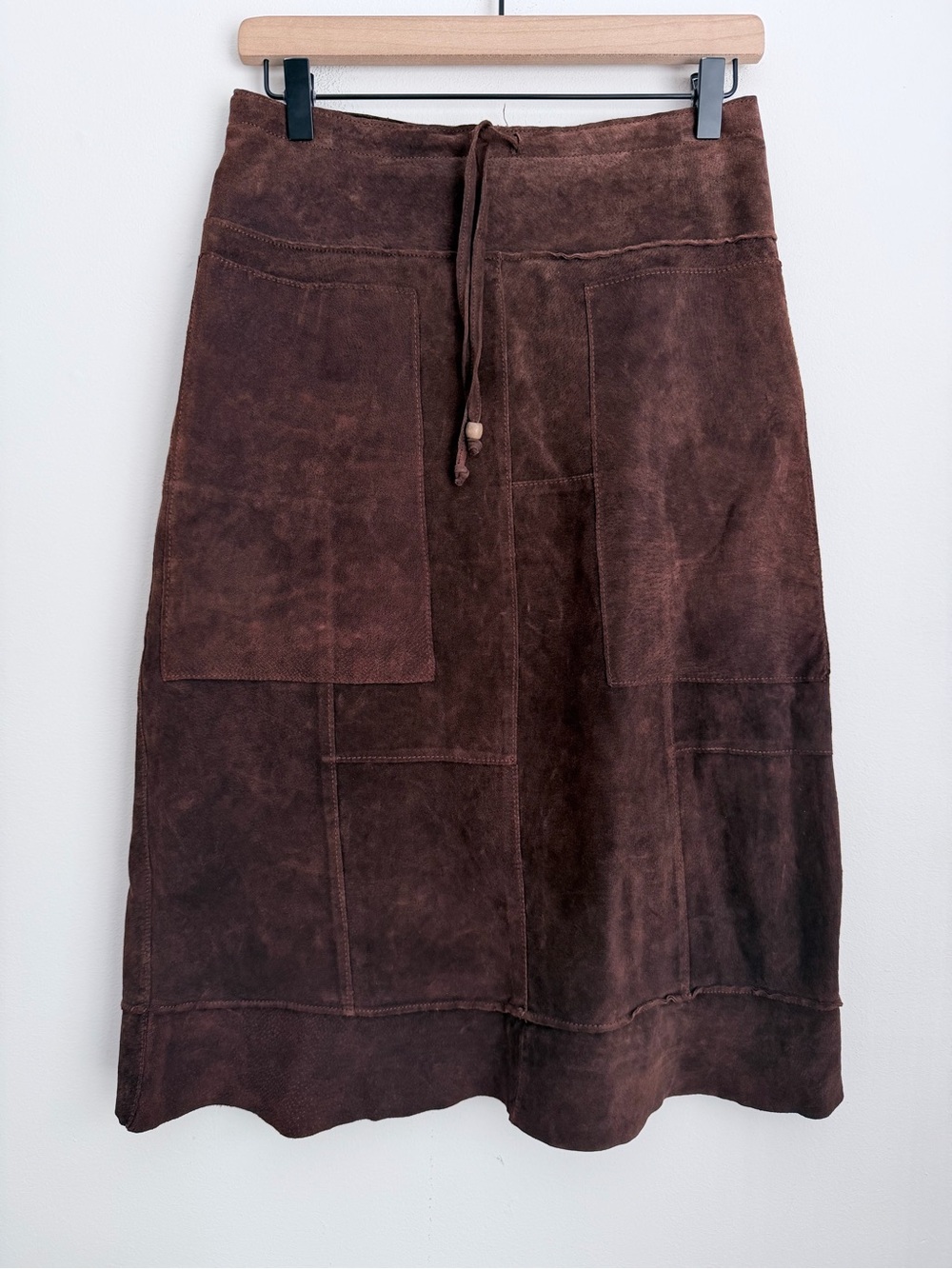 Maxima VTG Wilsons Leather Midi Skirt 8 A-Line Brown Suede Patchwork Tie Waist